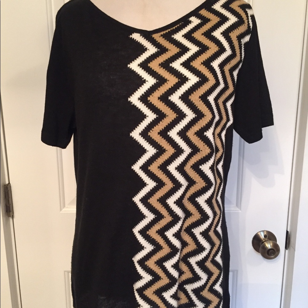 GISPA TOP KNIT BLACK V-NECK CHEVRON PRINT ITALY L